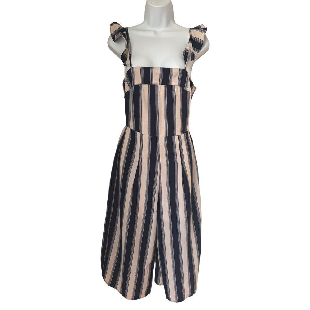 Trixxi Sleeveless Wide Leg Beige Navy Blue Ruffle Strap Summer Jumpsuit Sz S